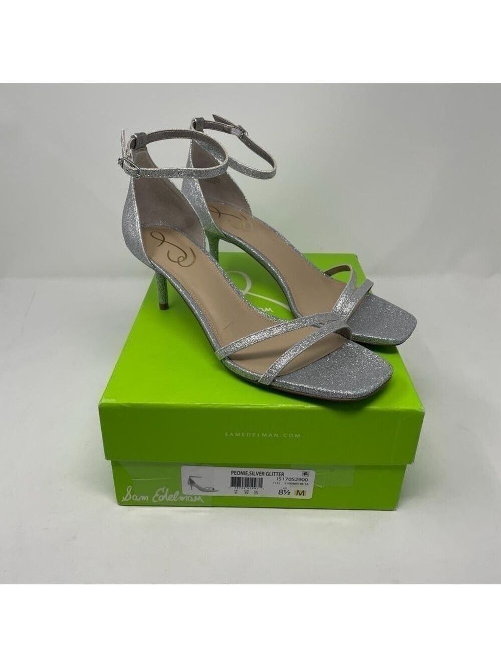 NIB Sam Edelman Peonie Ankle Strap Leather Kitten Heel Sandals in Silver Glitter - Picture 5 of 13
